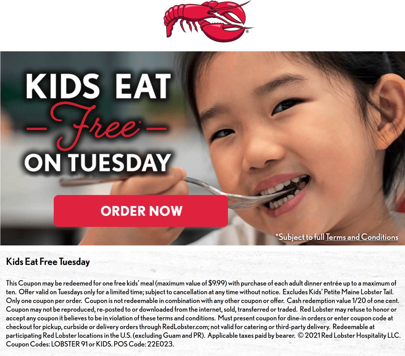 Red Lobster restaurants Coupon  Kids eat free with your entree today at Red Lobster, or to-go via promo code LOBSTER91 #redlobster 