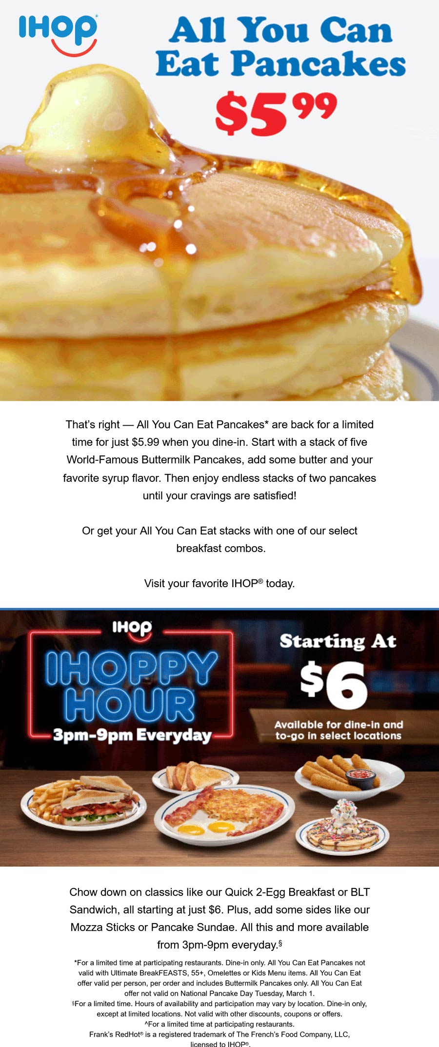 IHOP restaurants Coupon  Bottomless pancakes for $6 at IHOP restaurants #ihop 