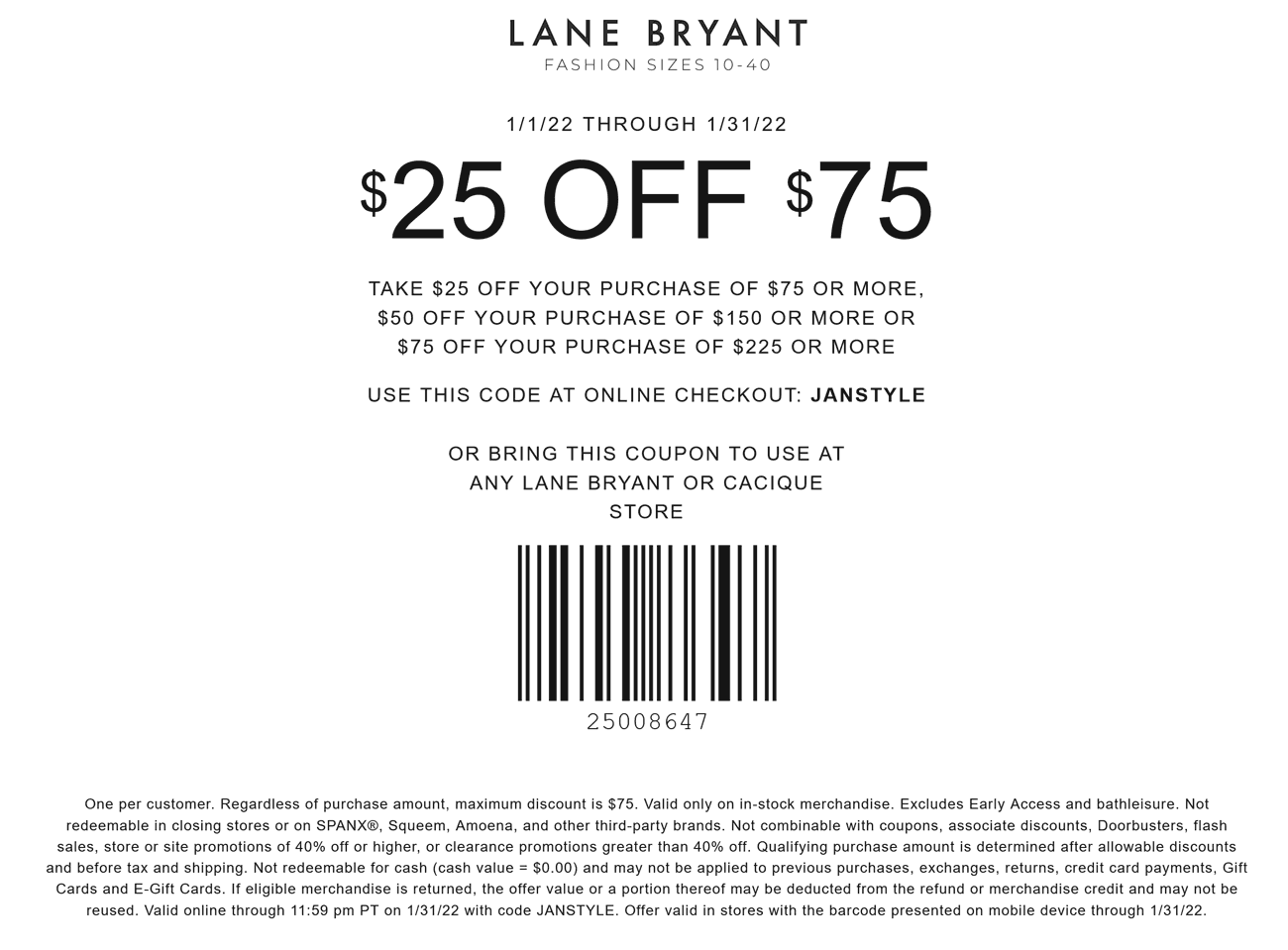Lane Bryant stores Coupon  $25 off $75 & more at Lane Bryant, or online via promo code JANSTYLE #lanebryant 