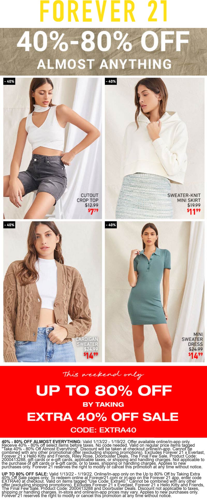 Forever 21 stores Coupon  Extra 40-80% off at Forever 21 via promo code EXTRA40 #forever21 