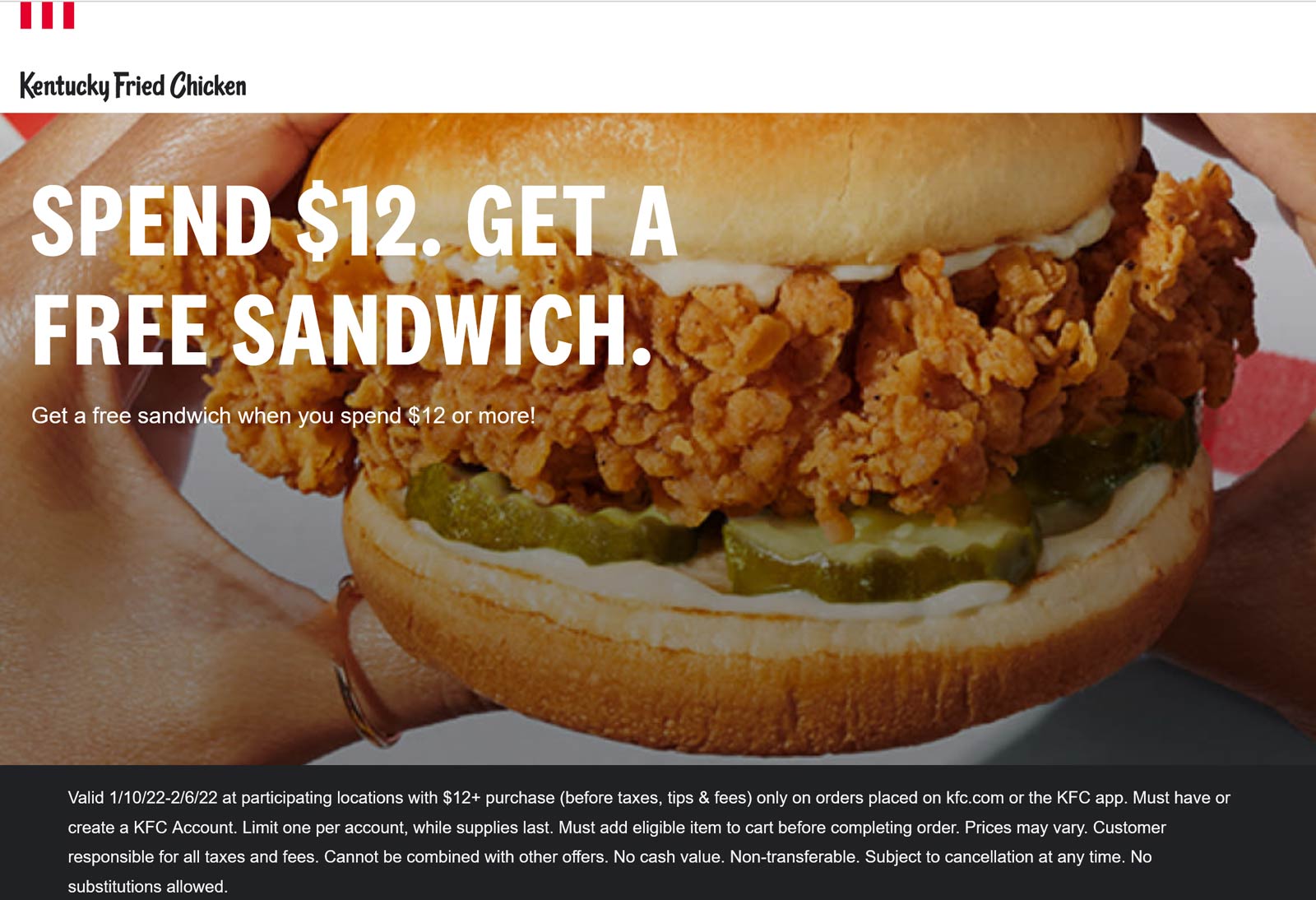 KFC restaurants Coupon  Free chicken sandwich with $12 spent online at KFC #kfc 