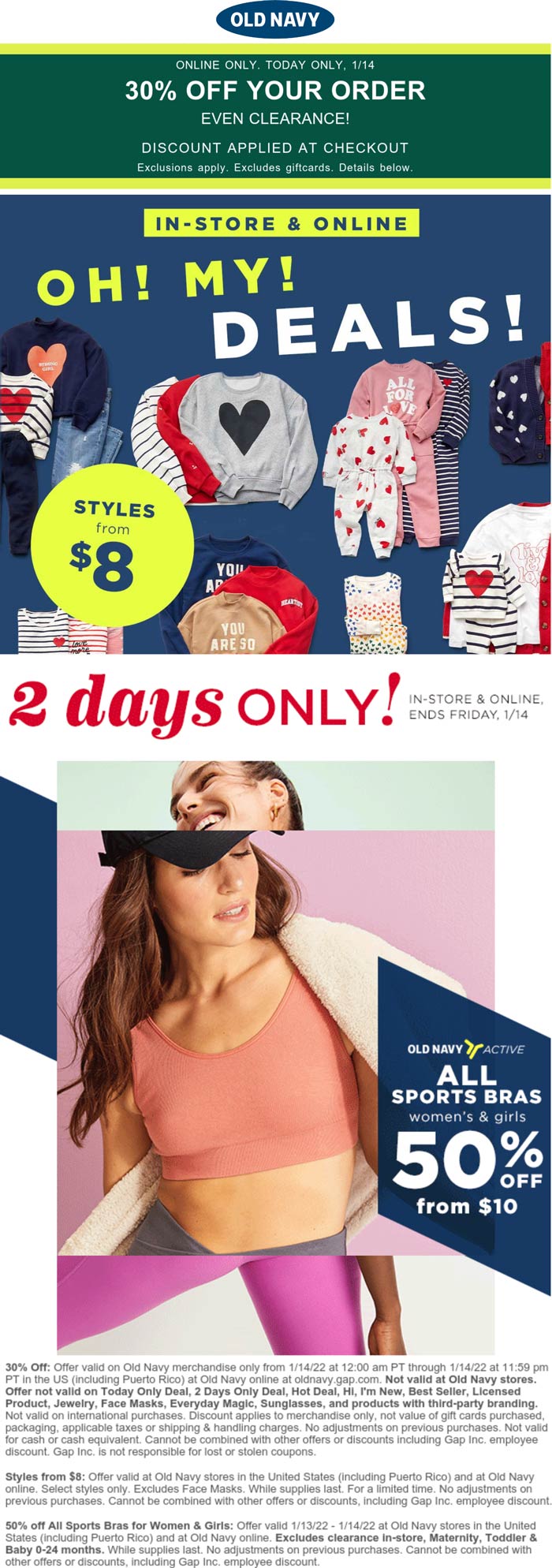Old Navy stores Coupon  50% off sports bras & 30% off everything else online today at Old Navy #oldnavy 