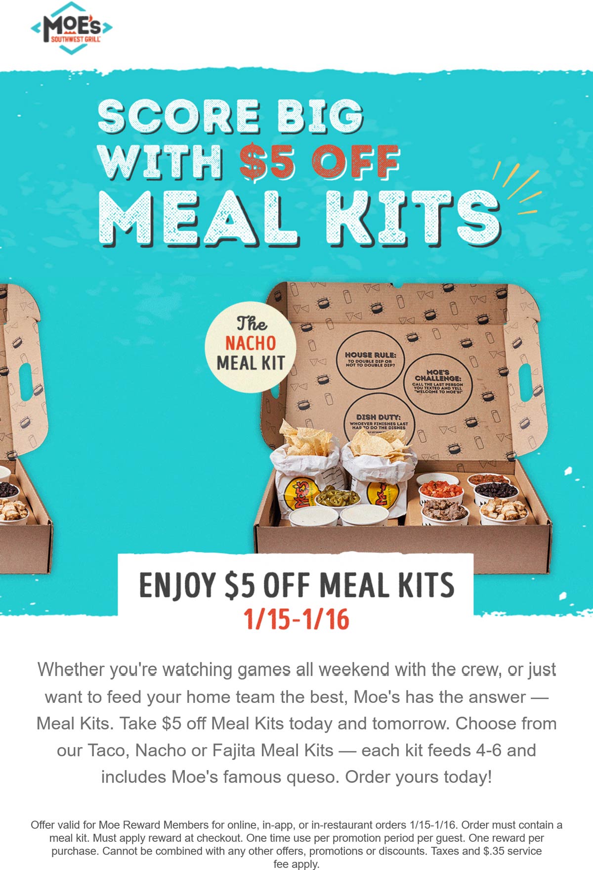 Moes Southwest Grill restaurants Coupon  $5 off family meal kits at Moes Southwest Grill #moessouthwestgrill 