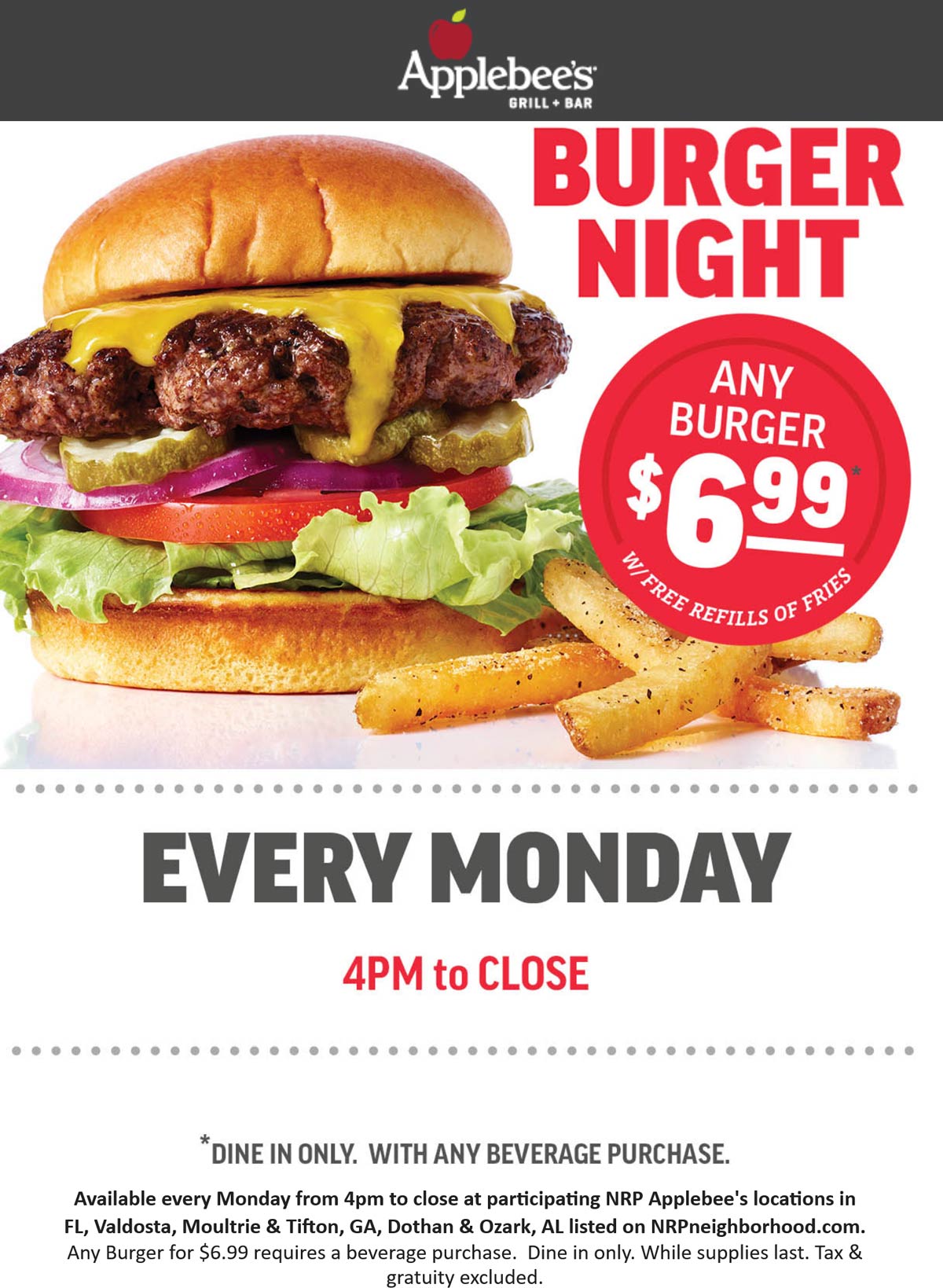 Applebees restaurants Coupon  Any cheeseburger + bottomless fries = $7 Mondays after 4p at various Applebees #applebees 