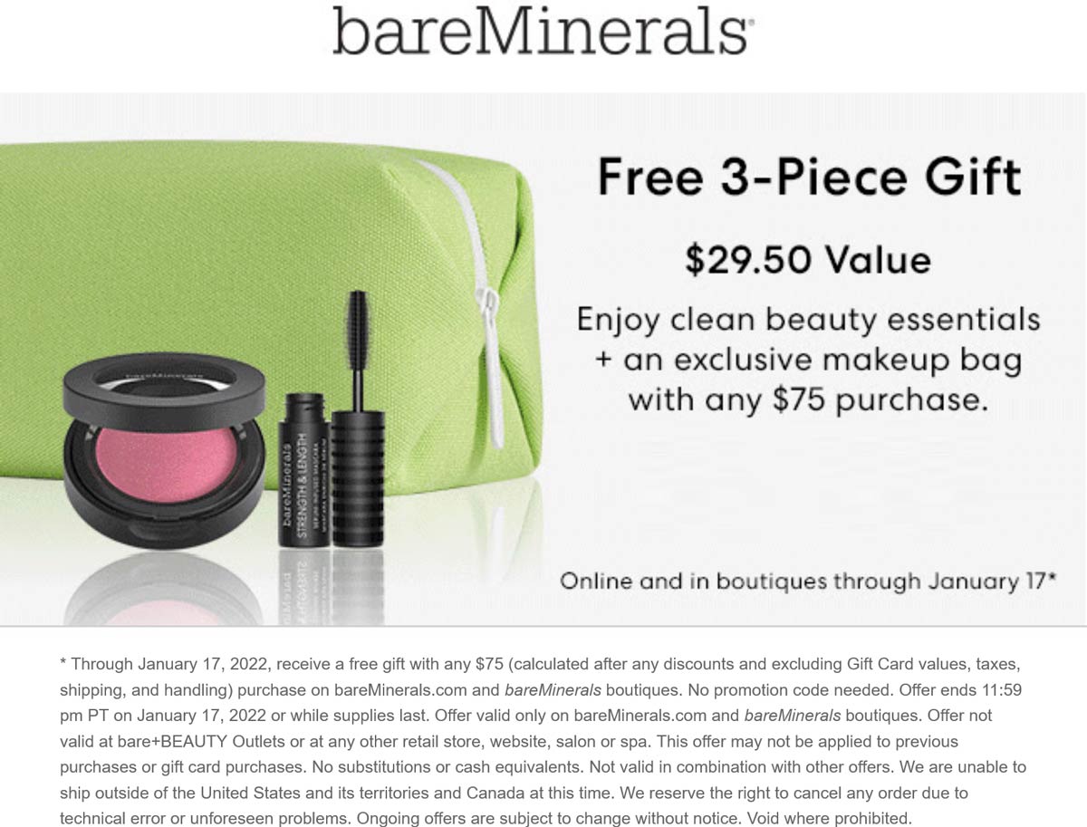 bareMinerals stores Coupon  Free $29 3pc set wtih $75 spent at bareMinerals, ditto online #bareminerals 