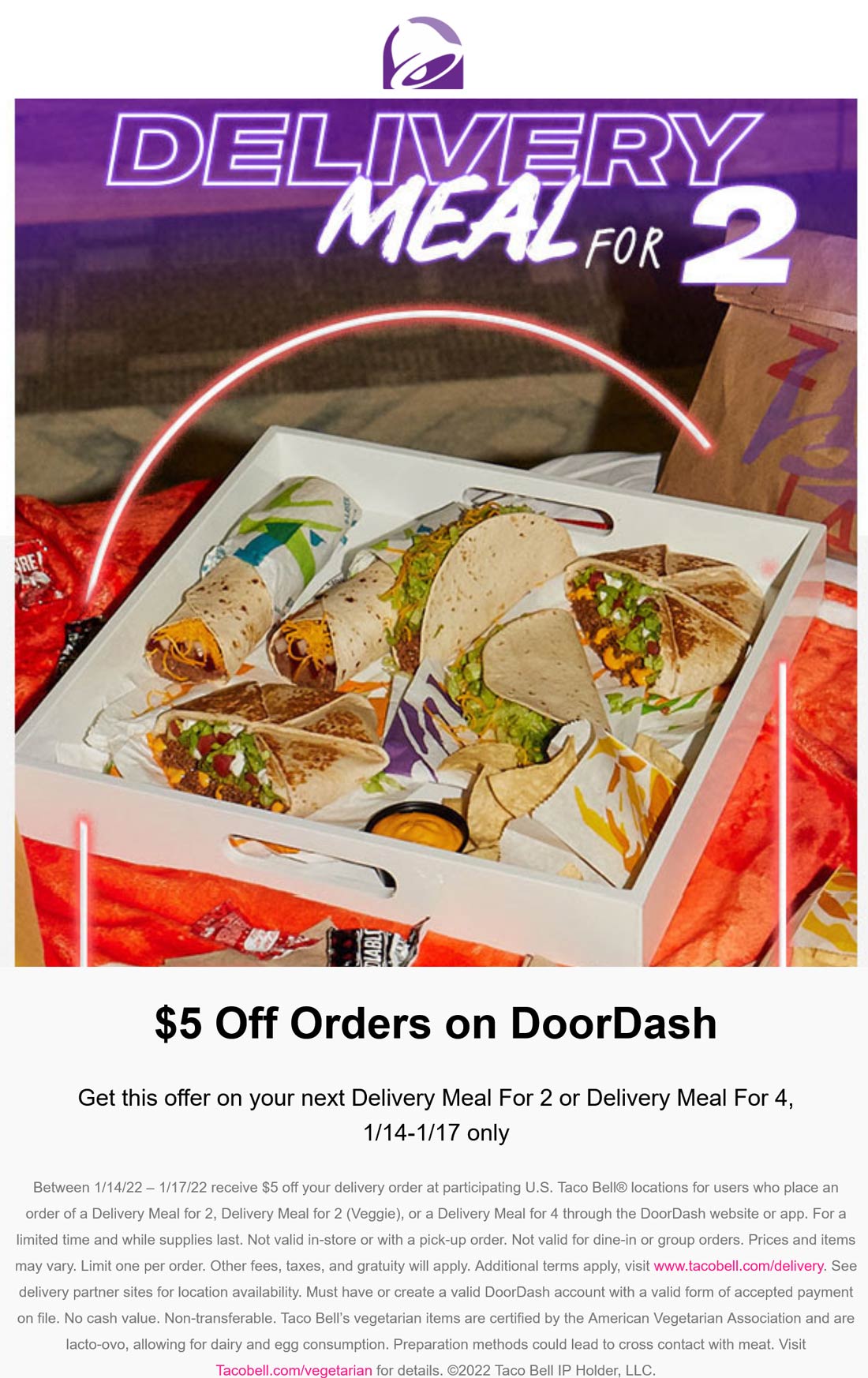 Taco Bell restaurants Coupon  $5 off delivery order for 2 at Taco Bell restaurants #tacobell 