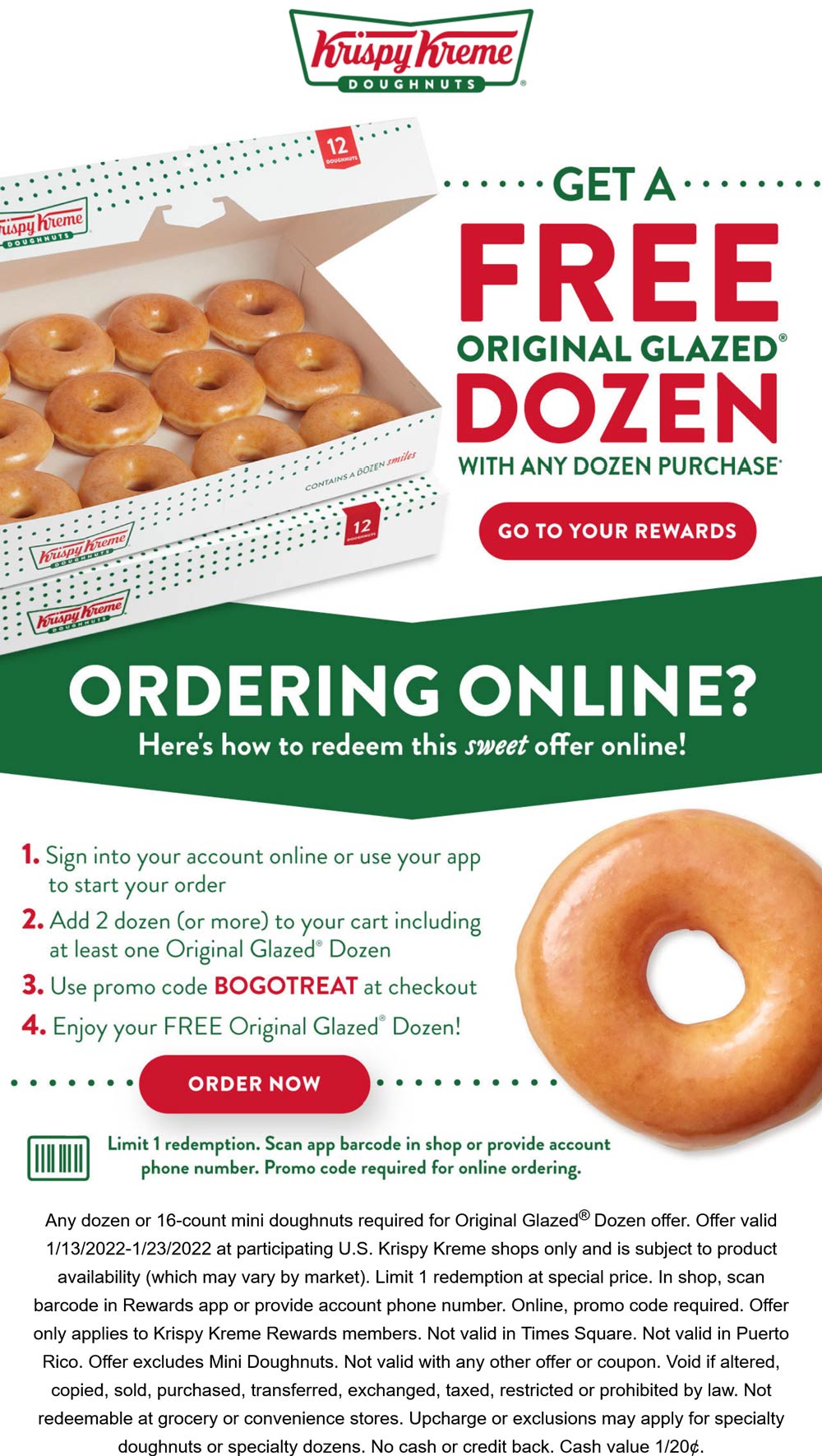 Krispy Kreme restaurants Coupon  Second dozen doughnuts free via rewards at Krispy Kreme, or online via promo code BOGOTREAT #krispykreme 