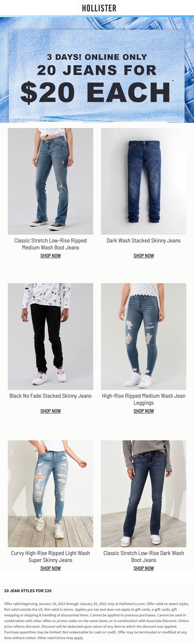 Hollister stores Coupon  20 jean styles for $20 online at Hollister #hollister 