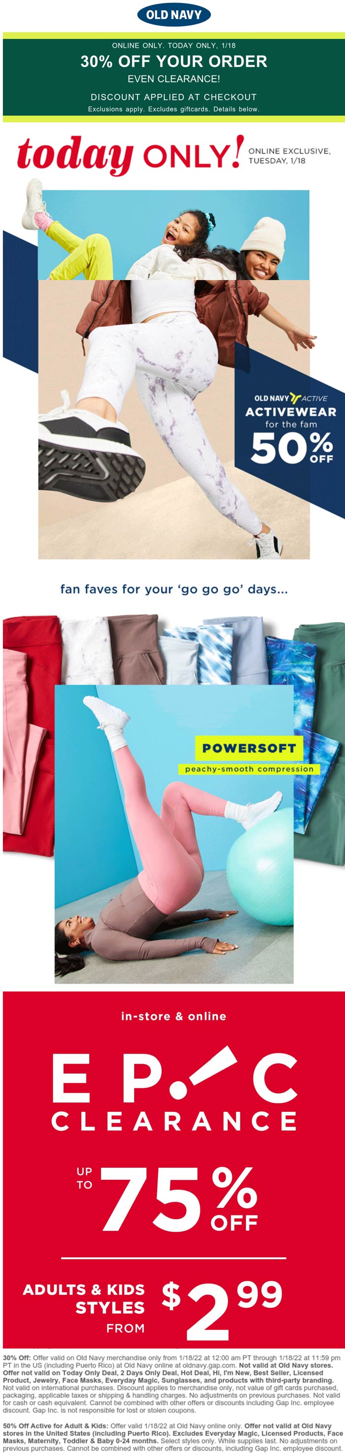 Old Navy stores Coupon  30% off everything & 50% off activewear online today at Old Navy #oldnavy 