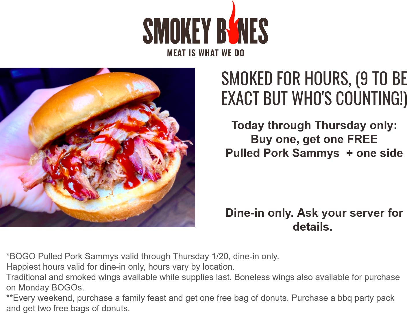 Smokey Bones restaurants Coupon  Second pulled pork sandwich free at Smokey Bones restaurants #smokeybones 