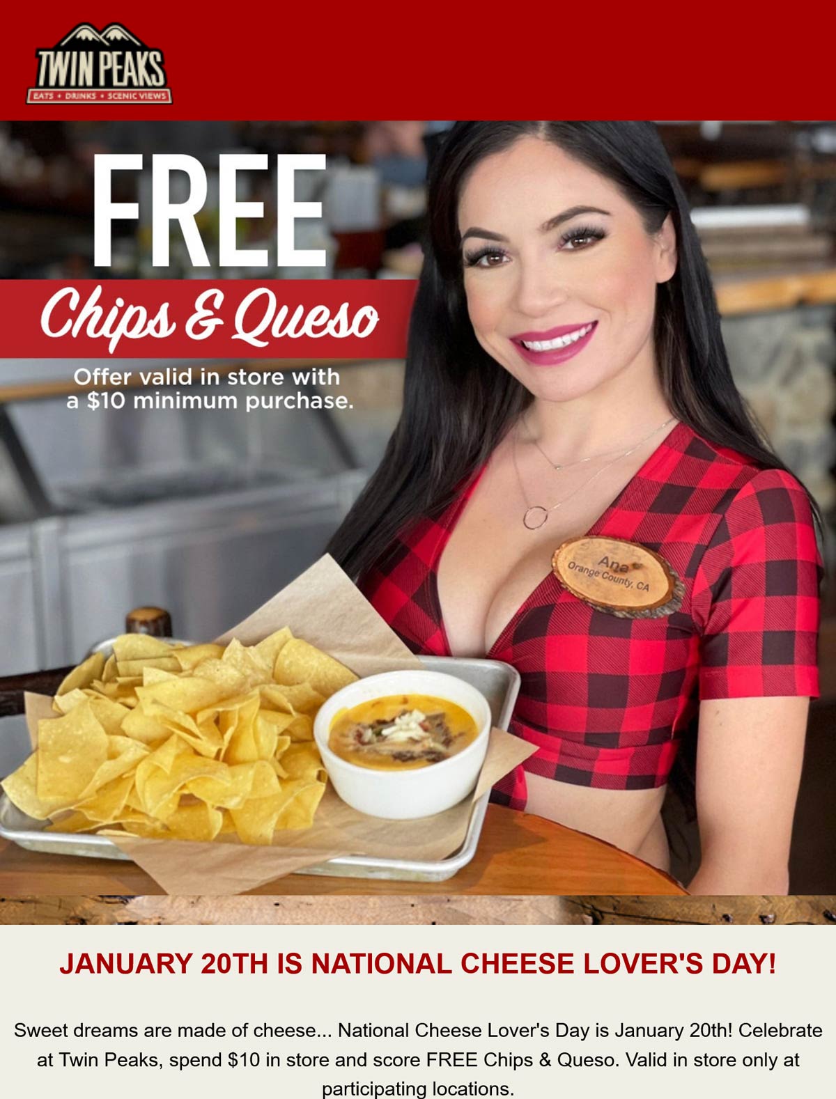Twin Peaks restaurants Coupon  Free chips & queso with $10 spent today at Twin Peaks restaurants #twinpeaks 
