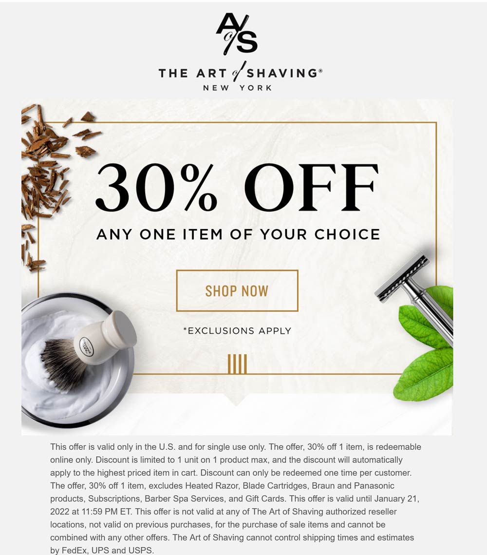 The Art of Shaving stores Coupon  30% off a single item online today at The Art of Shaving #theartofshaving 