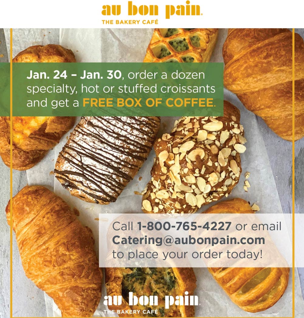 Au Bon Pain restaurants Coupon  Free box of coffee with your dozen croissants at Au Bon Pain restaurants #aubonpain 