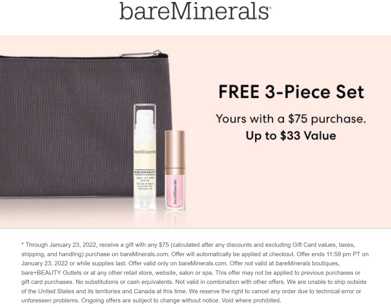 bareMinerals stores Coupon  Free 3-pc set with $75 spent online at bareMinerals #bareminerals 