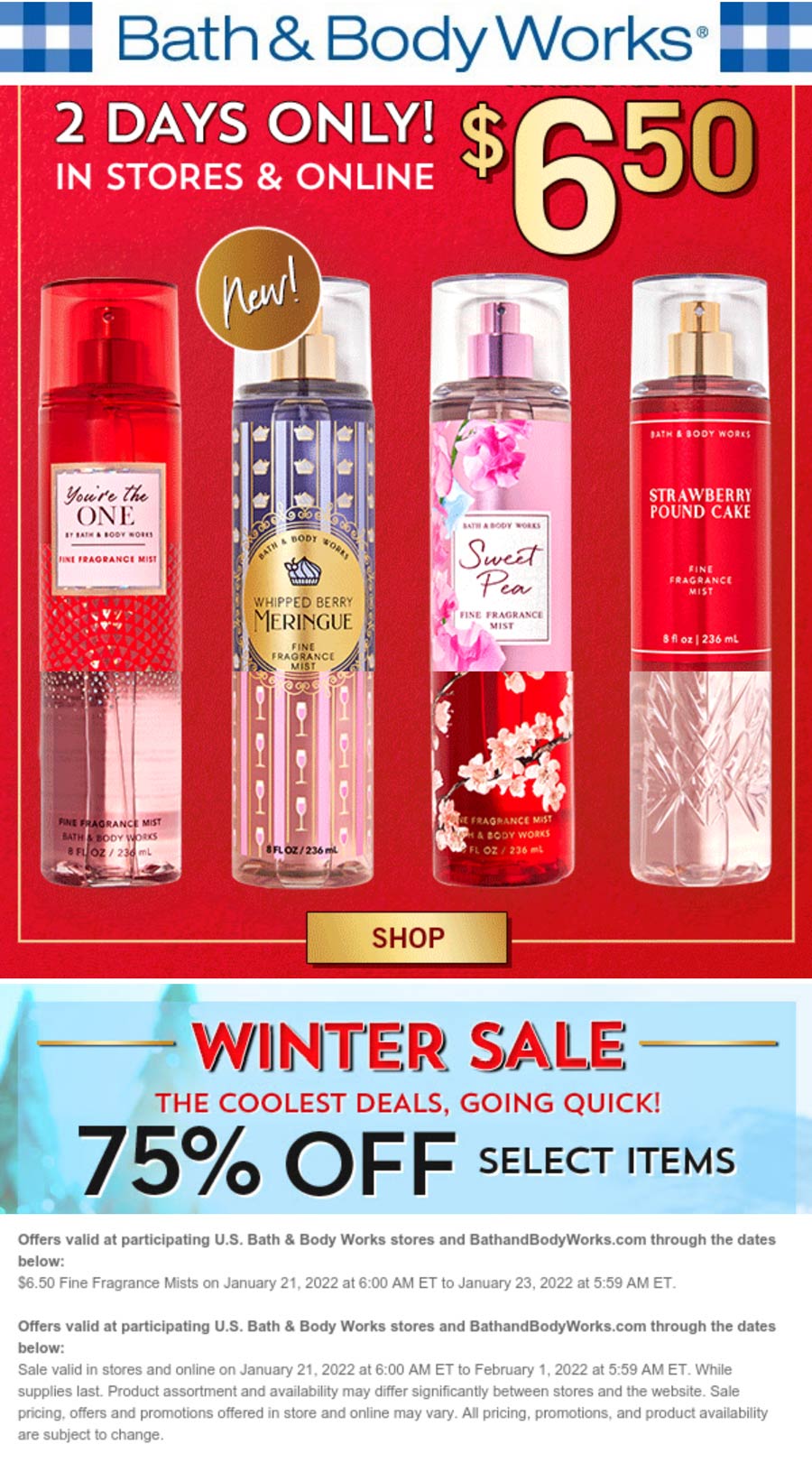 Bath & Body Works stores Coupon  All fragrance mists $6.50 at Bath & Body Works, ditto online #bathbodyworks 