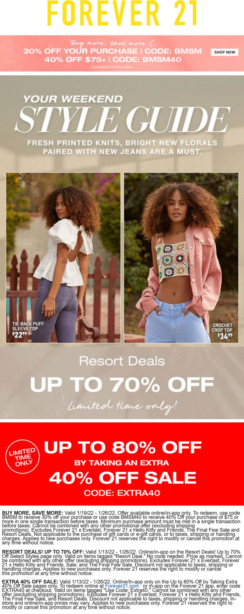 Forever 21 stores Coupon  30-40% off at Forever 21 via promo code BMSM & BMSM40 #forever21 