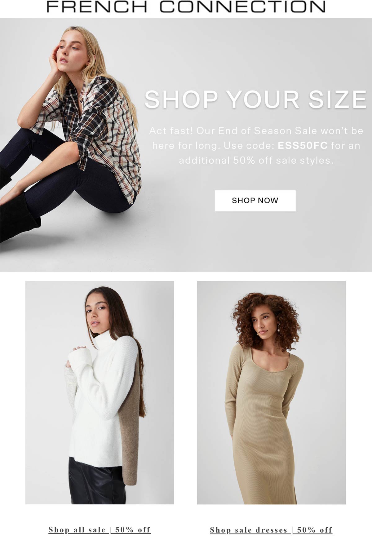 French Connection stores Coupon  Extra 50% off sale items at French Connection via promo code ESS50FC #frenchconnection 