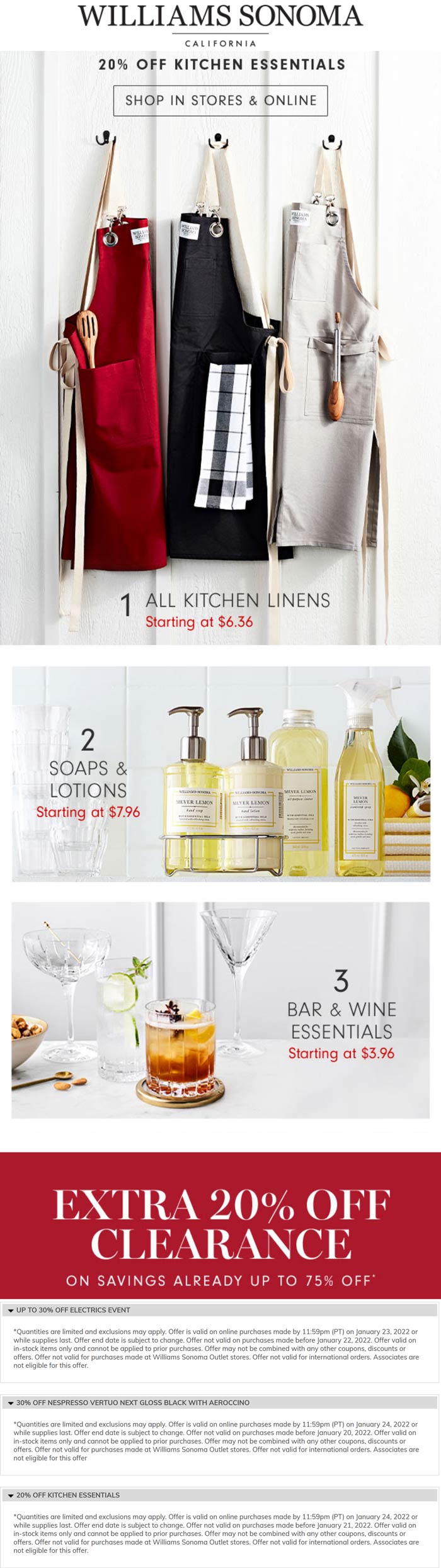 Williams Sonoma stores Coupon  20% off kitchen essentials & clearance at Williams Sonoma, ditto online #williamssonoma 