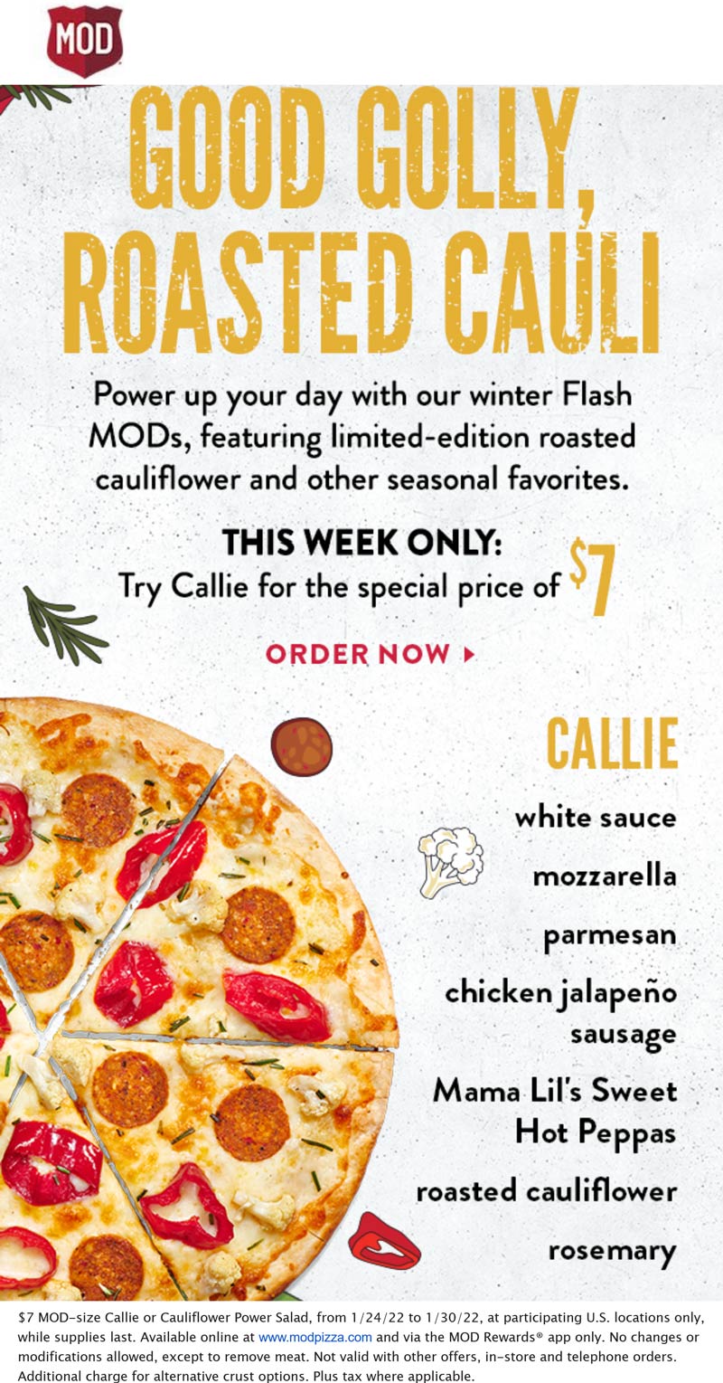 MOD restaurants Coupon  $7 calli pizza or cauliflower salad at MOD #mod 