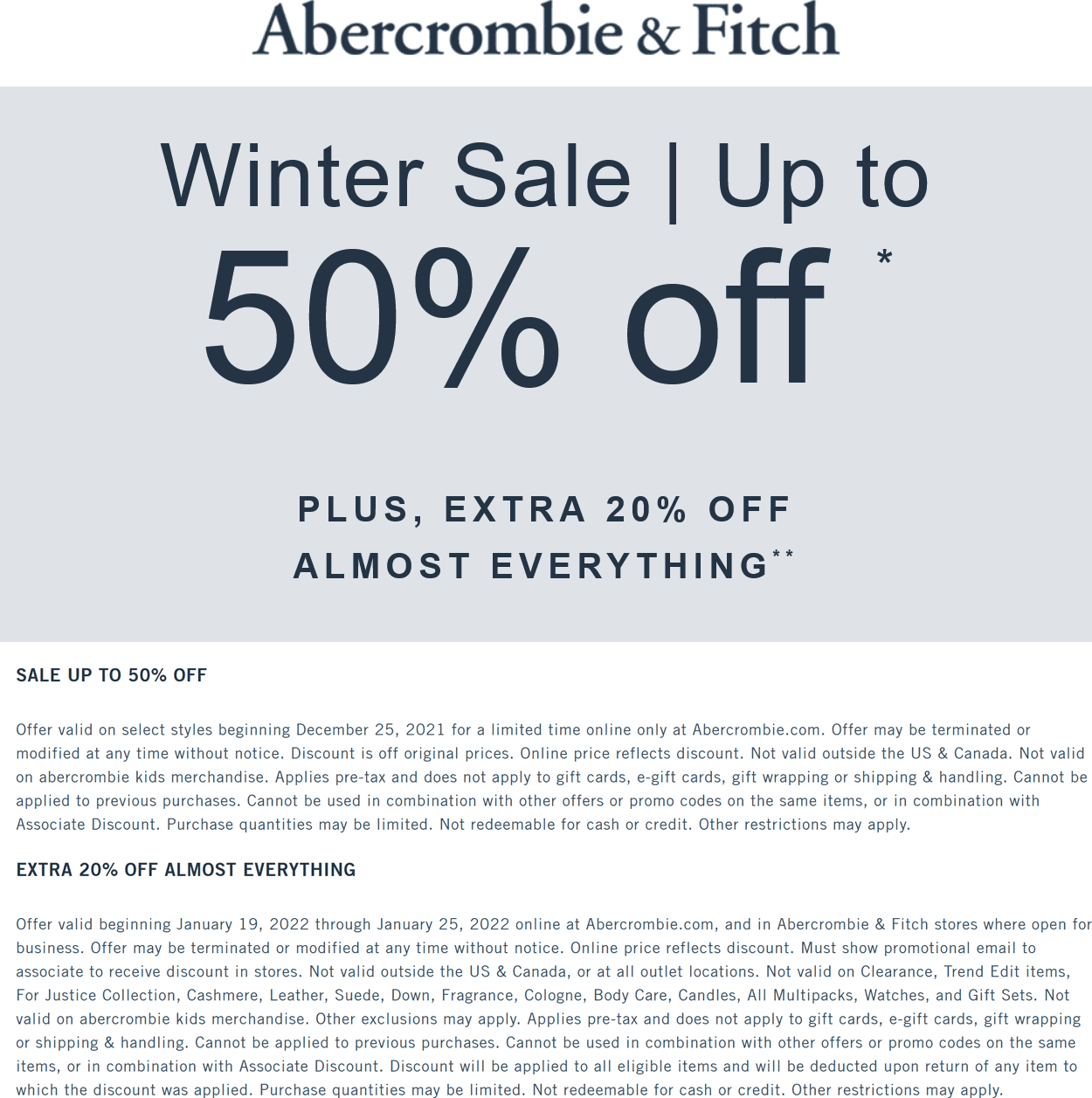 Abercrombie & Fitch stores Coupon  Extra 20% off everything today at Abercrombie & Fitch, ditto online #abercrombiefitch 