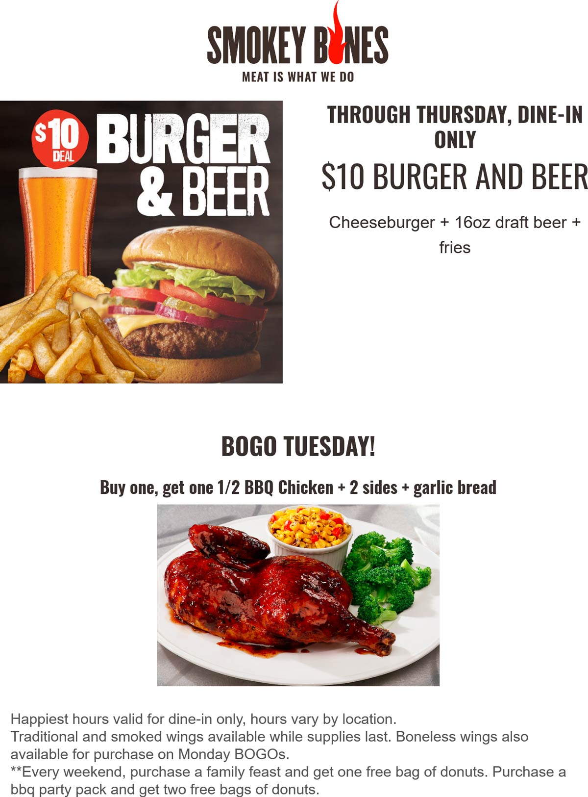 Smokey Bones restaurants Coupon  Cheeseburger + beer + fries = $10 & more at Smokey Bones #smokeybones 