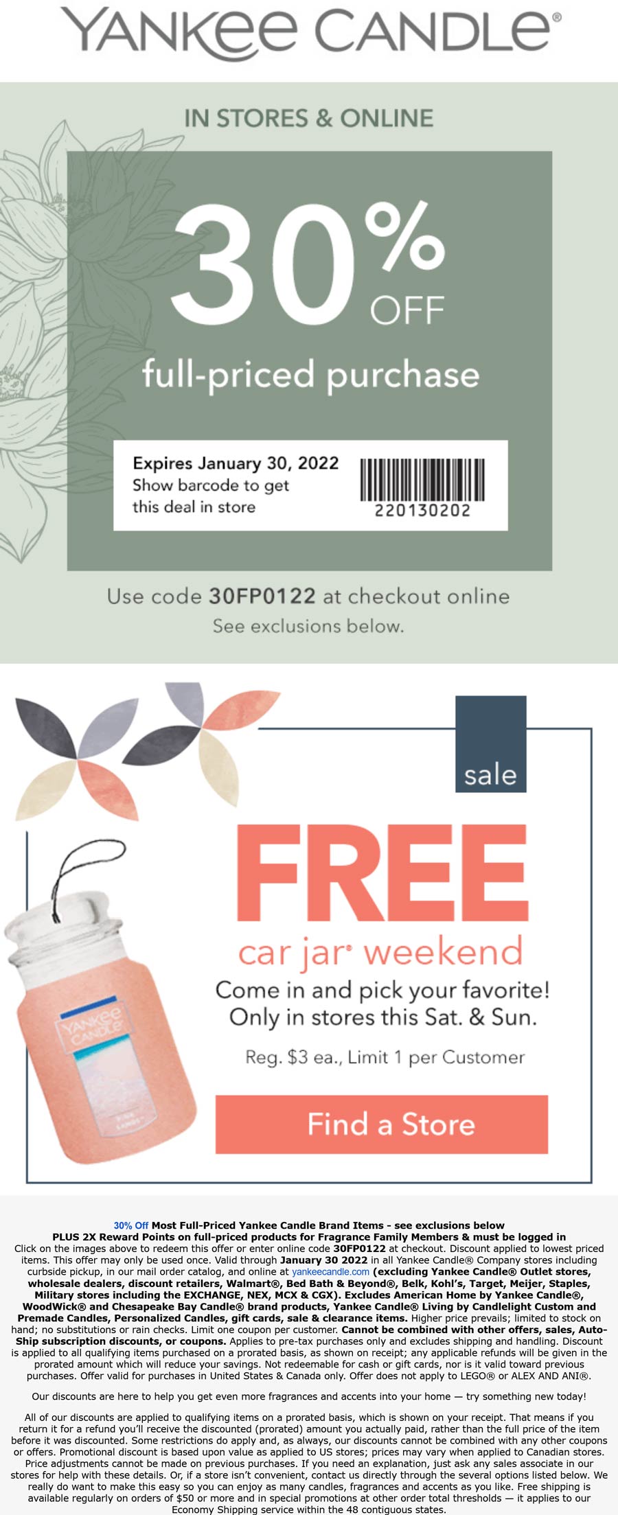 Yankee Candle stores Coupon  30% off at Yankee Candle, or online via promo code 30FP0122 #yankeecandle 