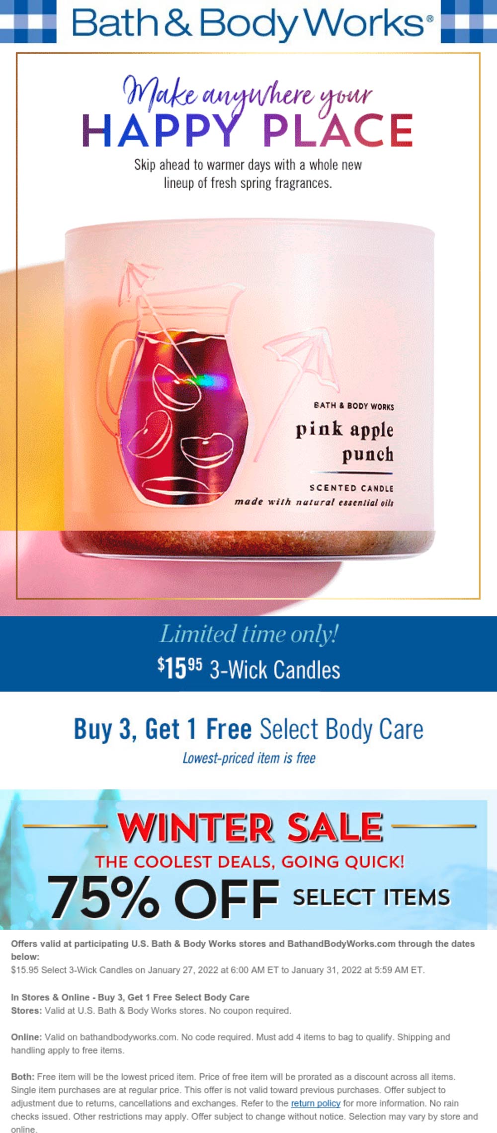 Bath & Body Works stores Coupon  4th body care free & $16 3-wick candles at Bath & Body Works, ditto online #bathbodyworks 