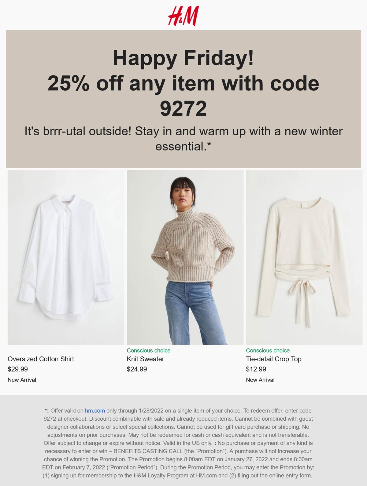 H&M stores Coupon  25% off any item today at H&M via promo code 9272 #hm 