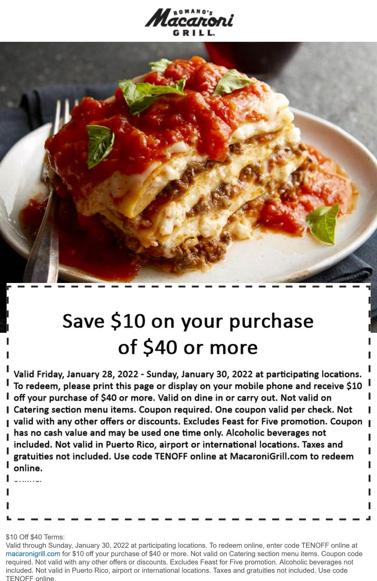 Macaroni Grill restaurants Coupon  $10 off $40 at Macaroni Grill restaurants, or online via promo code TENOFF #macaronigrill 