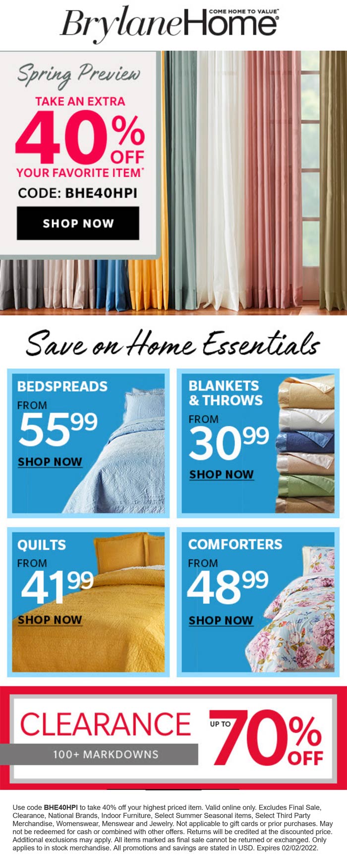Brylane Home stores Coupon  40$ off a single item at Brylane Home via promo code BHE40HPI #brylanehome 