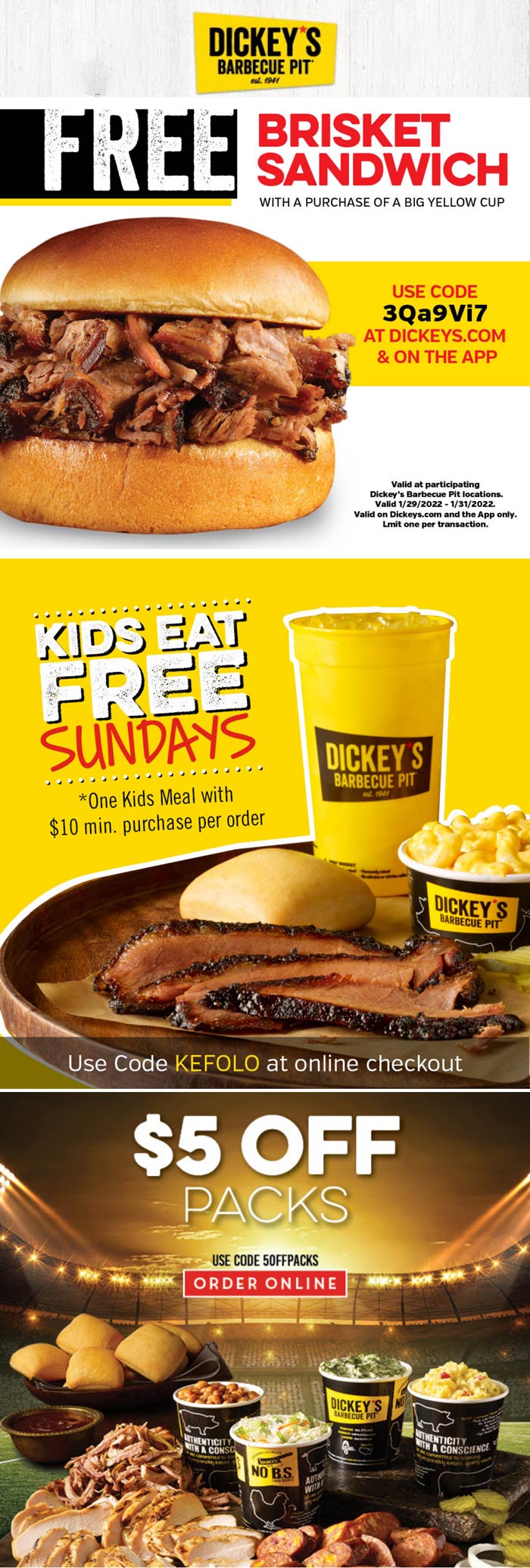 Dickeys Barbecue Pit restaurants Coupon  Free brisket sandwich with your drink & more at Dickeys Barbecue Pit via promo code 3Qa9Vi7 #dickeysbarbecuepit 
