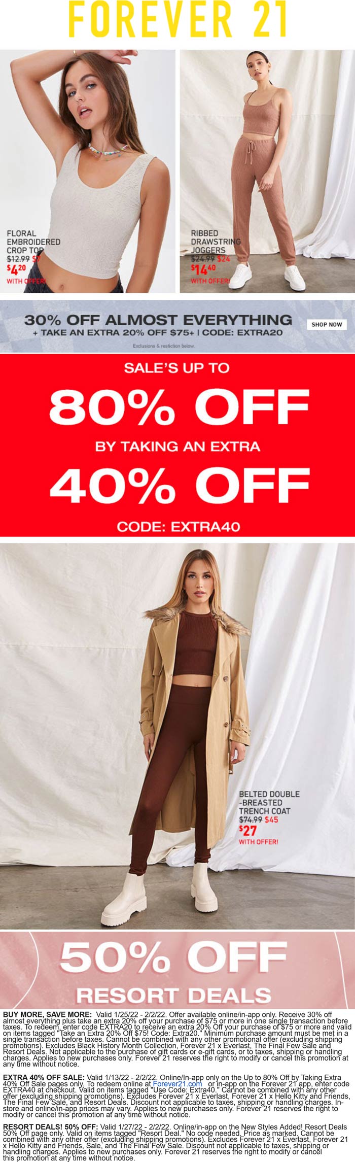 Forever 21 stores Coupon  Extra 40% off sale items & 30% everything else at Forever 21 via promo code EXTRA40 #forever21 