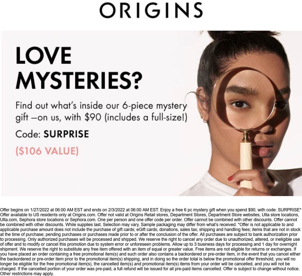 Origins stores Coupon  Free 6pc set including full size with $90 spent online at Origins via promo code SURPRISE #origins 