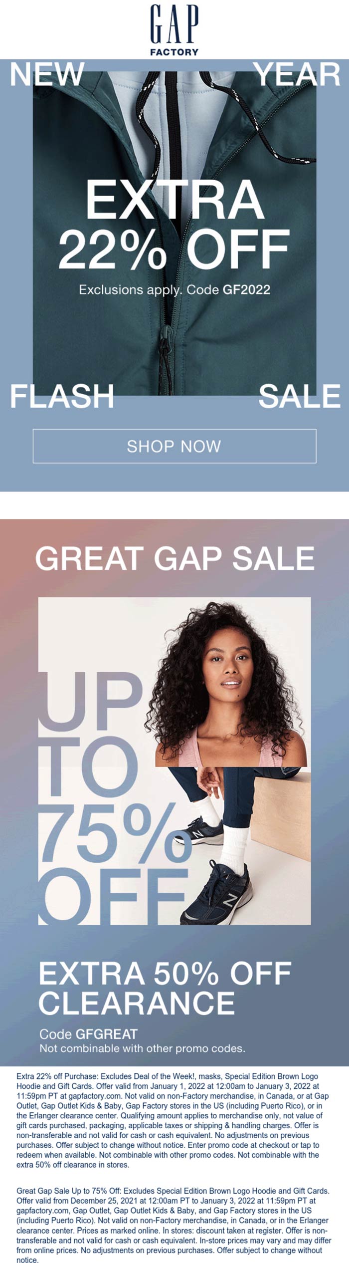Gap Factory stores Coupon  Extra 22% off online today at Gap Factory via promo code GF2022 #gapfactory 