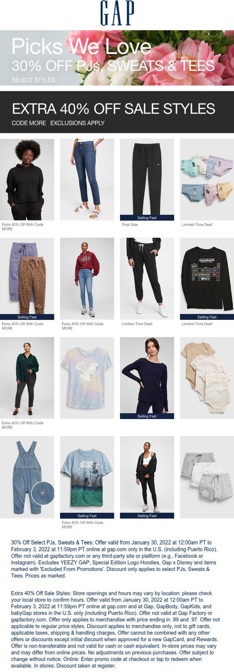 Gap stores Coupon  30% off sweats & 40% off sale styles at Gap, or online via promo code MORE #gap 