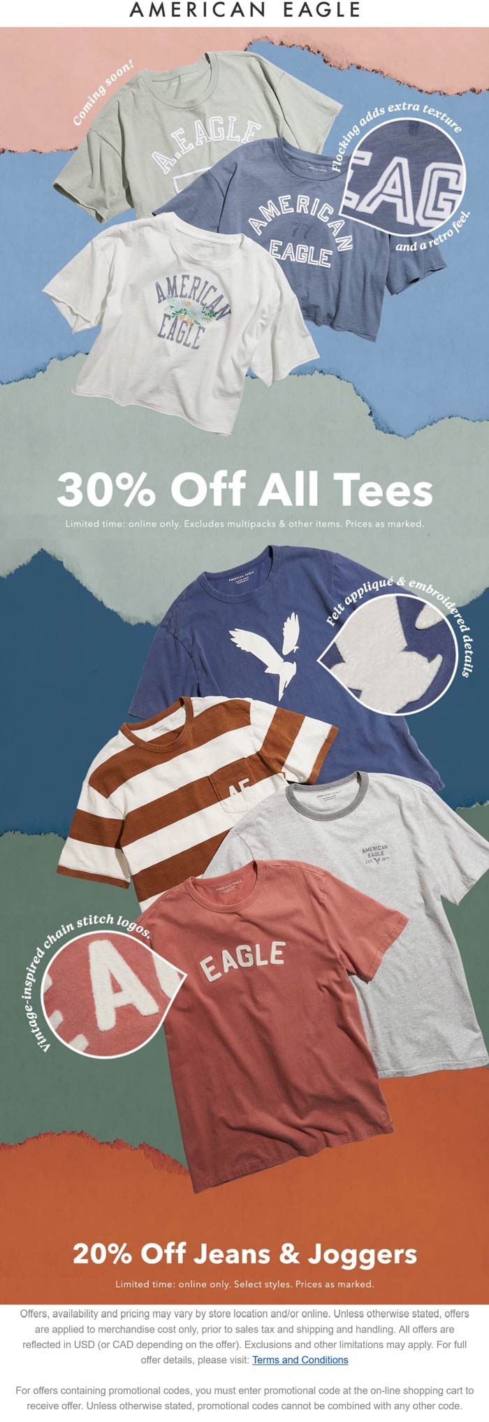 American Eagle stores Coupon  30% off all tees & 20% off jeans online at American Eagle #americaneagle 