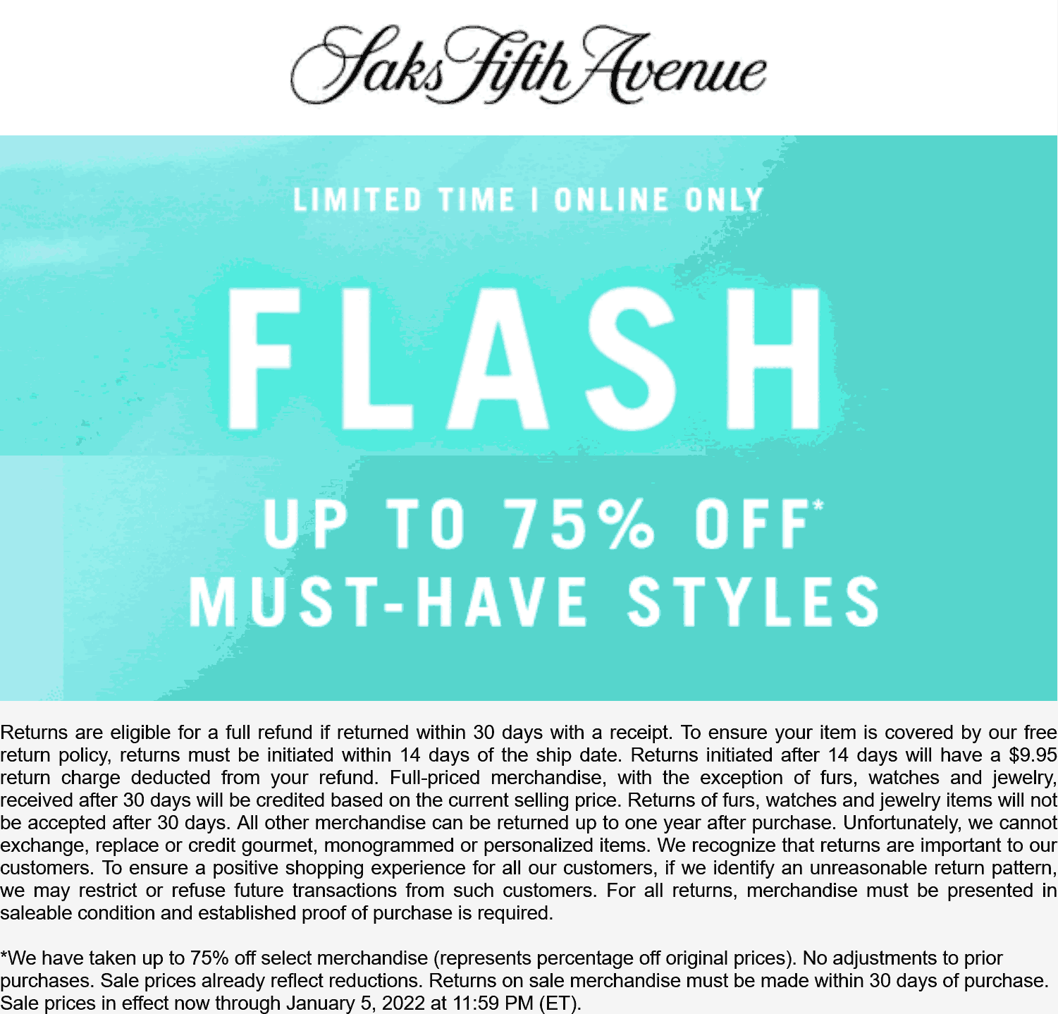 Saks Fifth Avenue stores Coupon  75% off various sale items at Saks Fifth Avenue #saksfifthavenue 