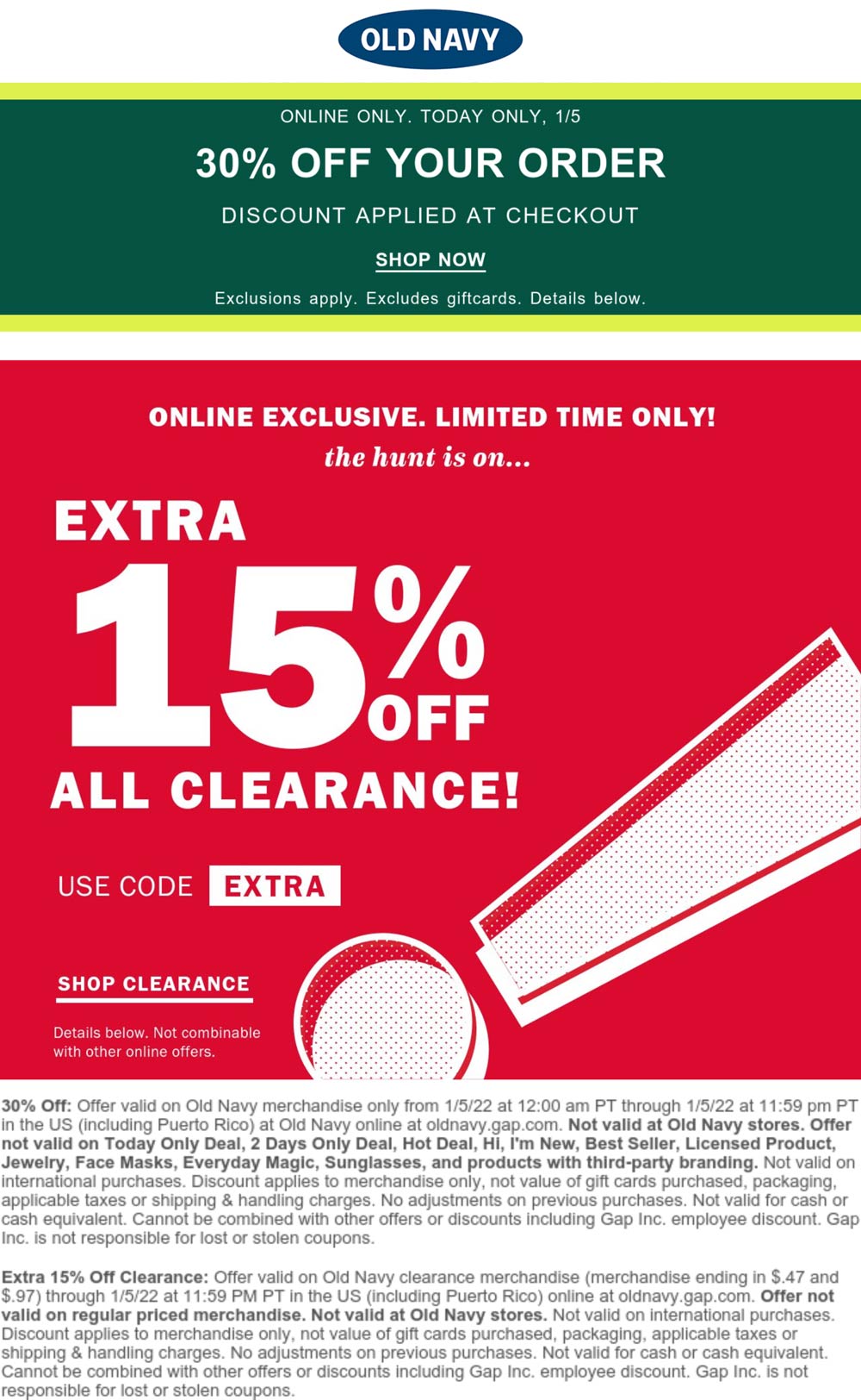 Old Navy stores Coupon  Extra 15% off clearance & 30% off regular online today at Old Navy #oldnavy 