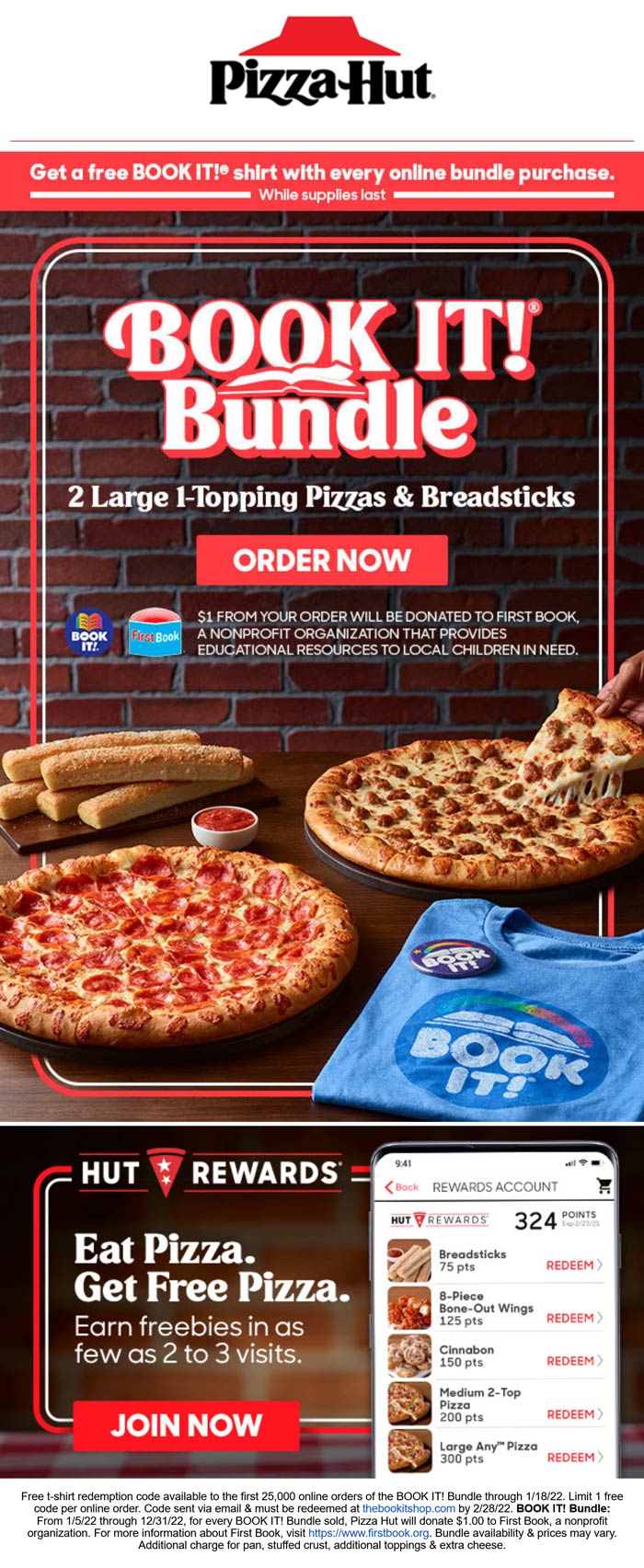 Pizza Hut restaurants Coupon  Free book it t-shirt with your 2 pizza & breadsticks order at Pizza Hut #pizzahut 