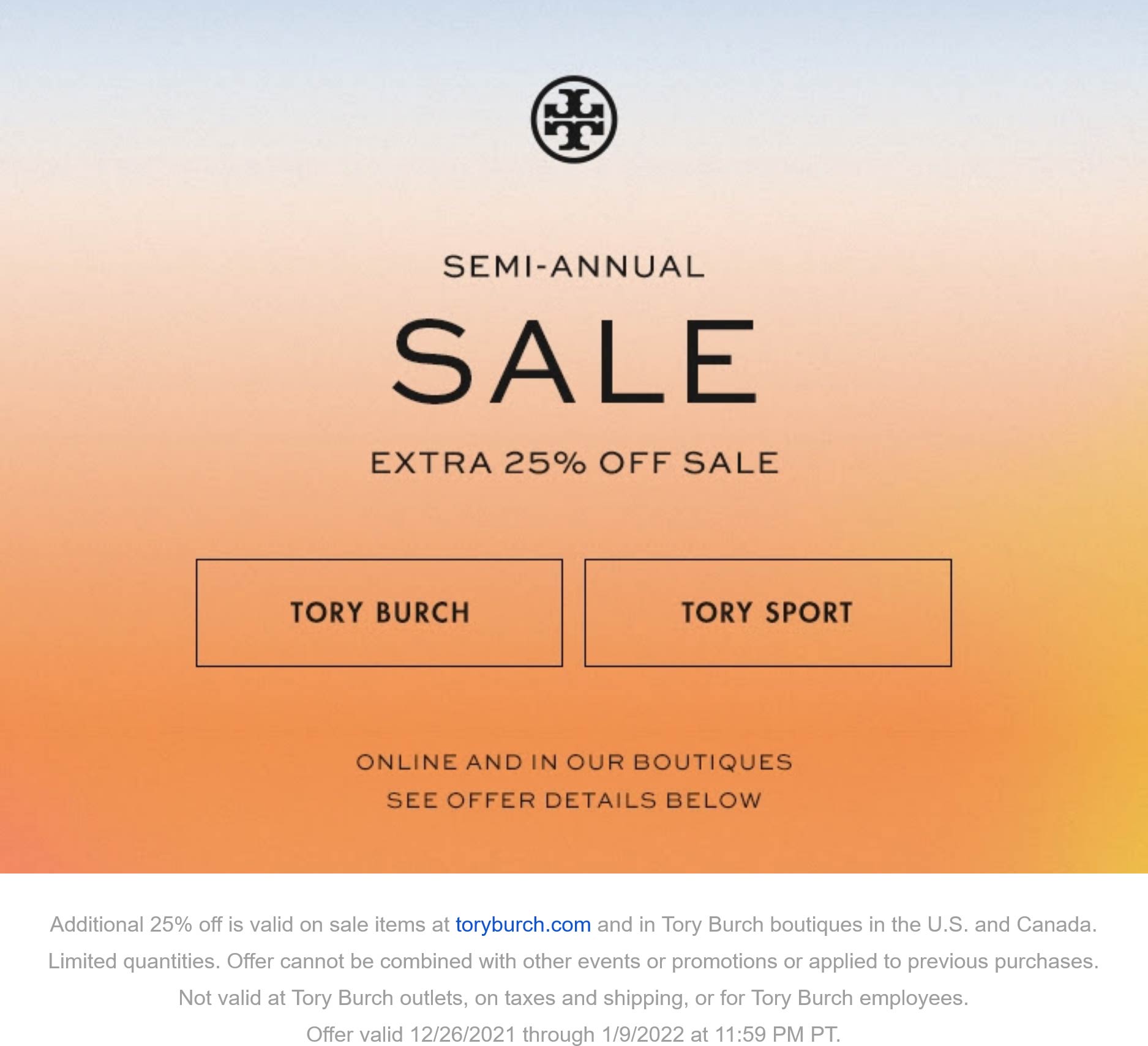 Tory Burch stores Coupon  Extra 25% off at Tory Burch, ditto online #toryburch 