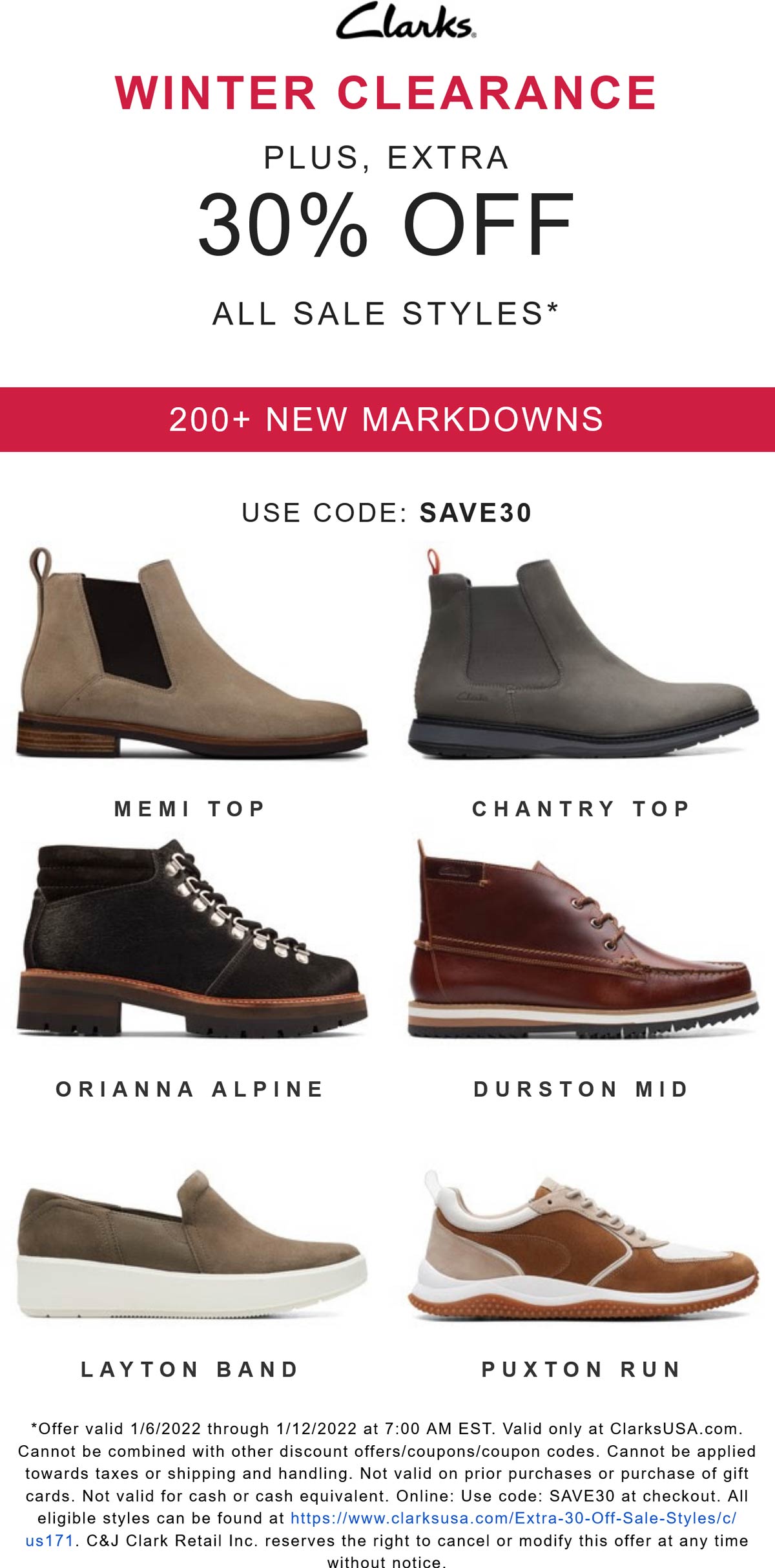 Clarks stores Coupon  Extra 30% off sale styles at Clarks shoes via promo code SAVE30 #clarks 