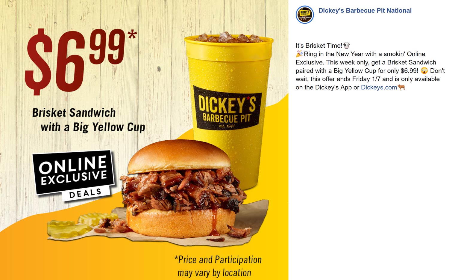 Dickeys Barbecue Pit restaurants Coupon  Brisket sandwich & drink = $7 at Dickeys Barbecue Pit #dickeysbarbecuepit 