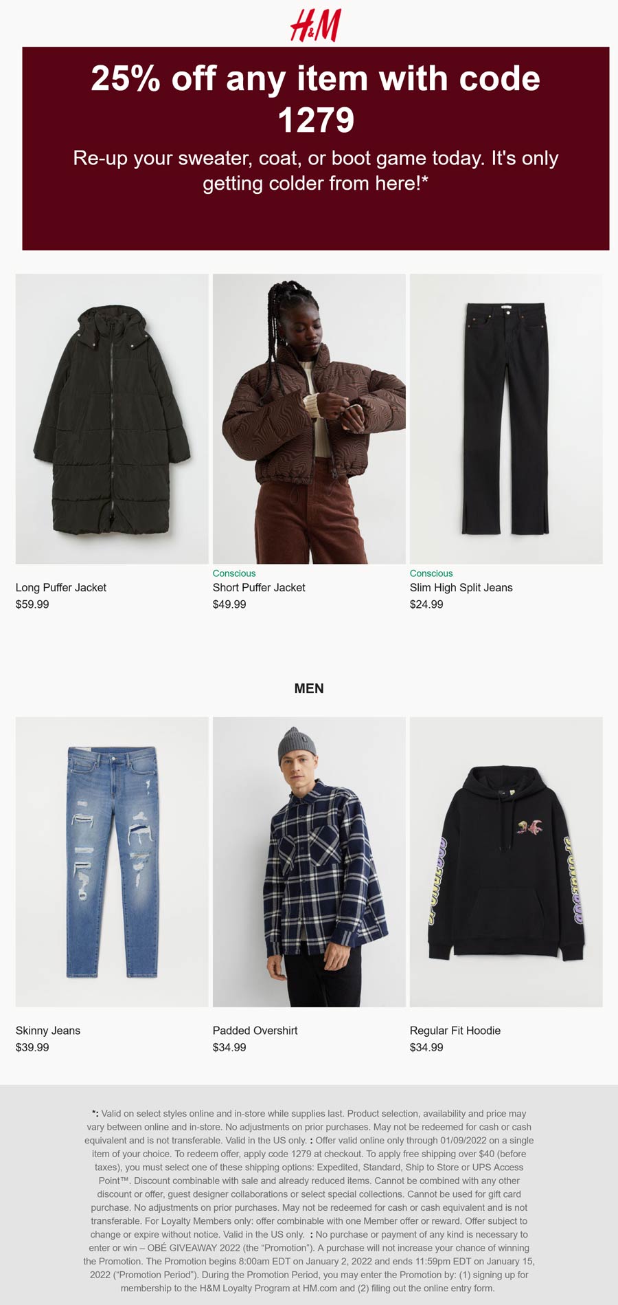 H&M stores Coupon  25% off a single item today at H&M via promo code 1279 #hm 