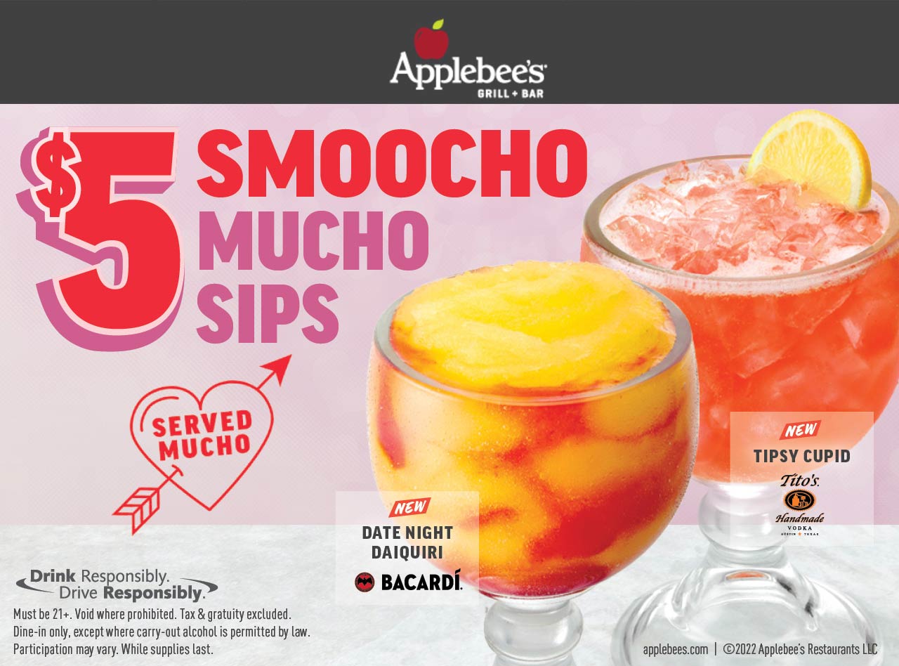 Applebees restaurants Coupon  $5 smoocho much sips all month at Applebees restaurants #applebees 