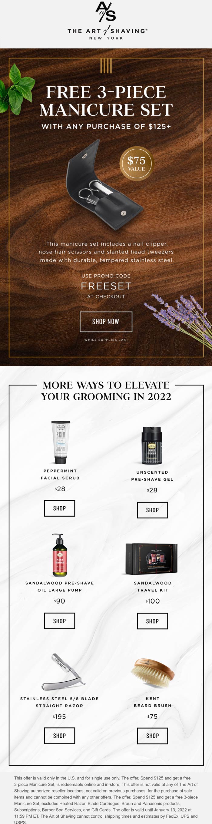 The Art of Shaving stores Coupon  Free 3-piece manicure set on $125 at The Art of Shaving, or online via promo code FREESET #theartofshaving 