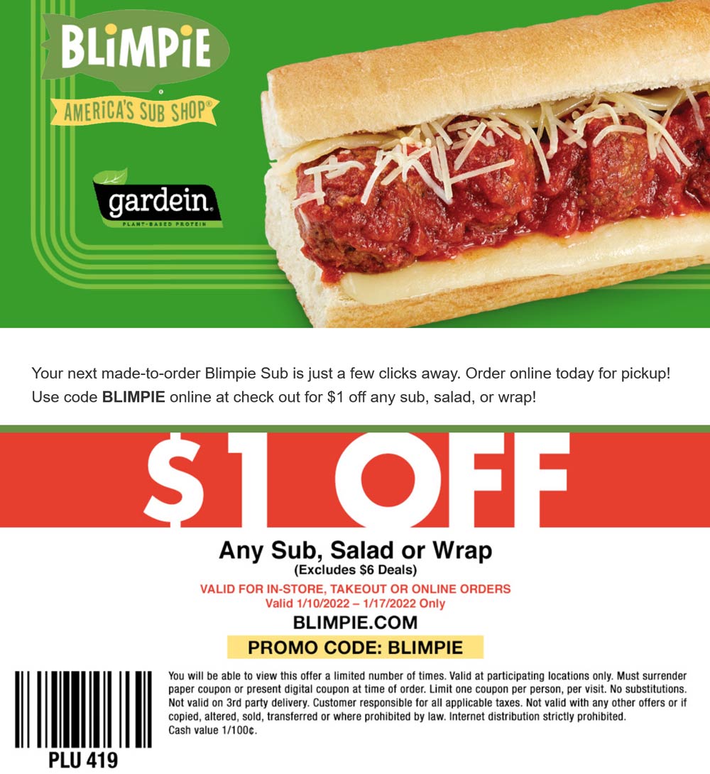 Blimpie restaurants Coupon  $1 off any sub sandwich at Blimpie, or online via promo code BLIMPIE #blimpie 