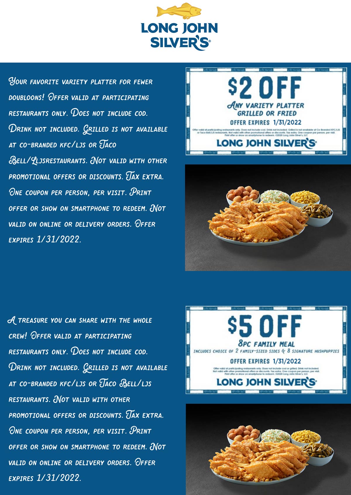 2 off a platter & 5 off family meal at Long John Silvers 