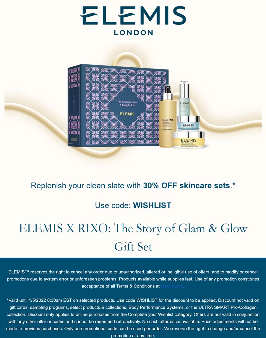 Elemis stores Coupon  30% off at Elemis via promo code WISHLIST #elemis 