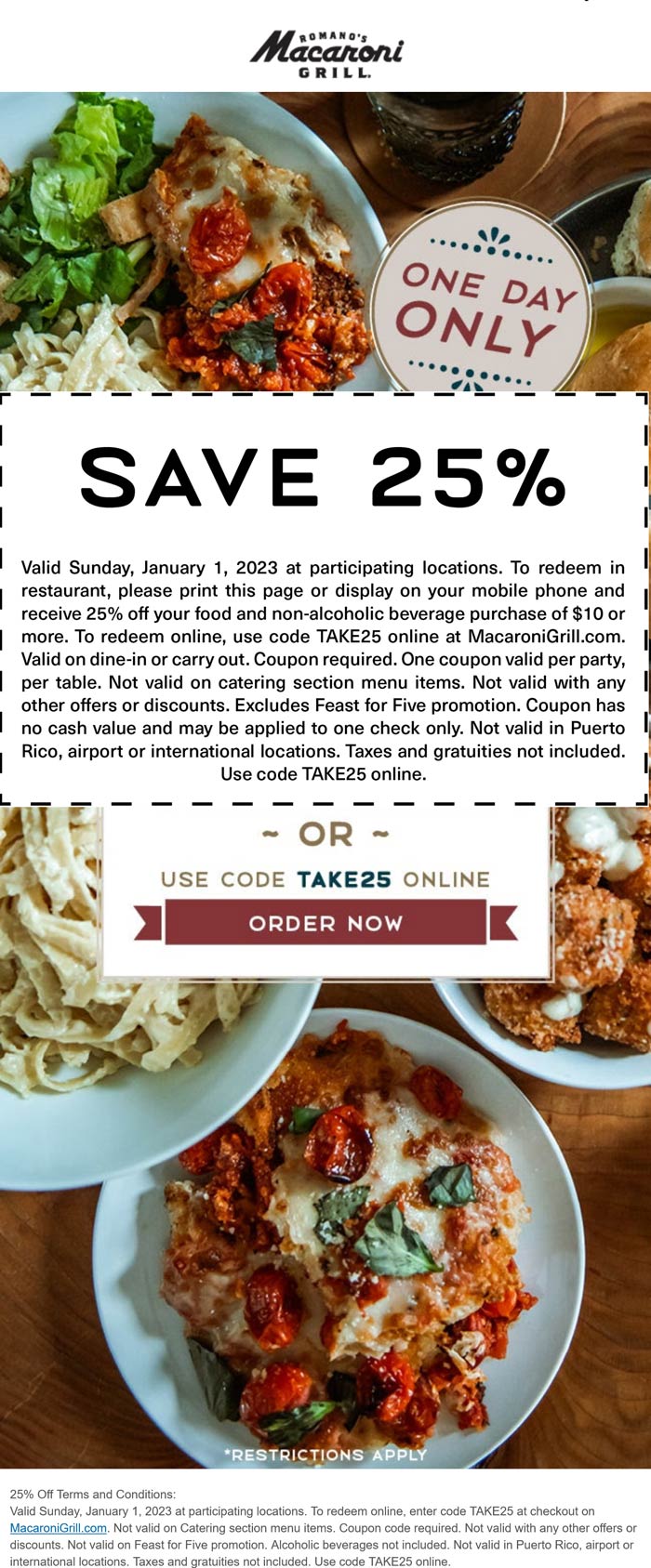 Macaroni Grill restaurants Coupon  25% off today at Macaroni Grill restaurants, or online via promo code TAKE25 #macaronigrill 