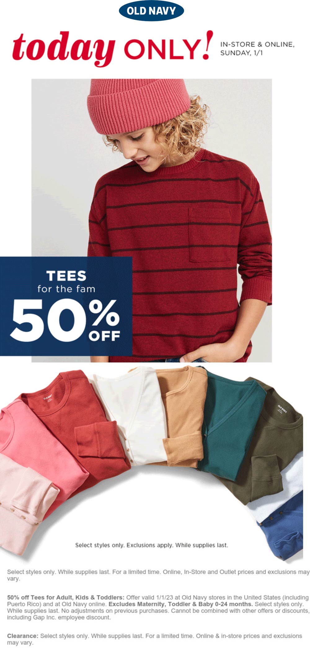 Old Navy stores Coupon  50% off tshirts today at Old Navy, ditto online #oldnavy 